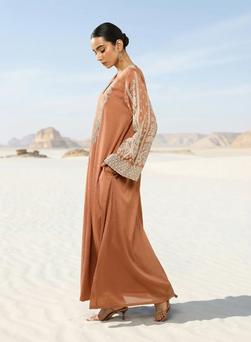 ISHIN  Rich Rust Zari Embroidered Abaya for Women | Best Price UAE